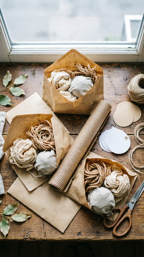 Embalagens em papel kraft com cordas e etiquetas sobre mesa de madeira junto a janela