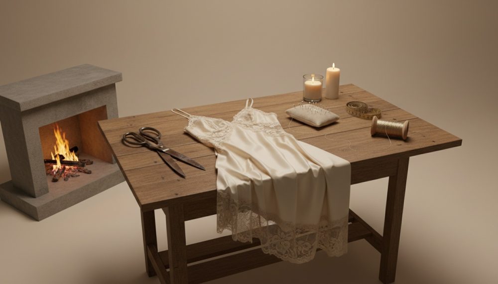 Camisola de cetim creme com renda sobre mesa de madeira com utensílios de costura e lareira acesa