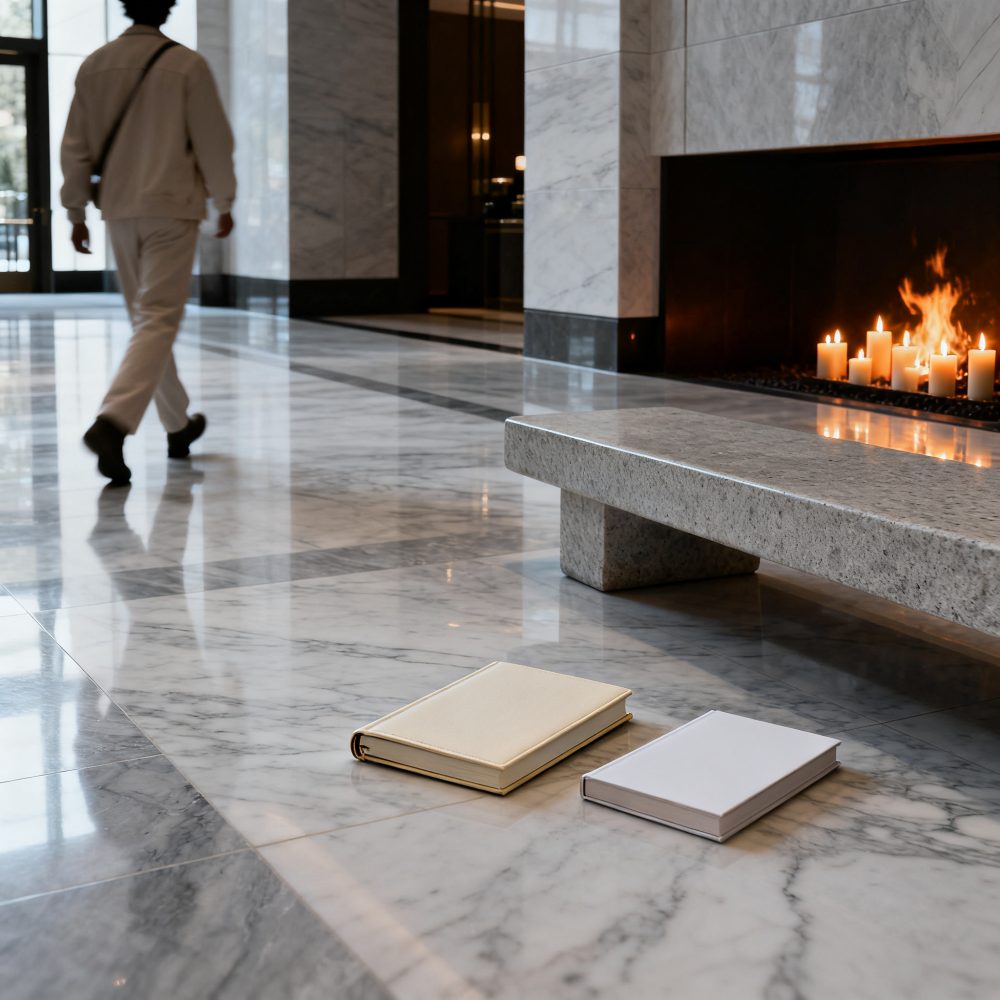 Lobby moderno com chão de mármore, banco de pedra, livros no chão e lareira com velas acesas