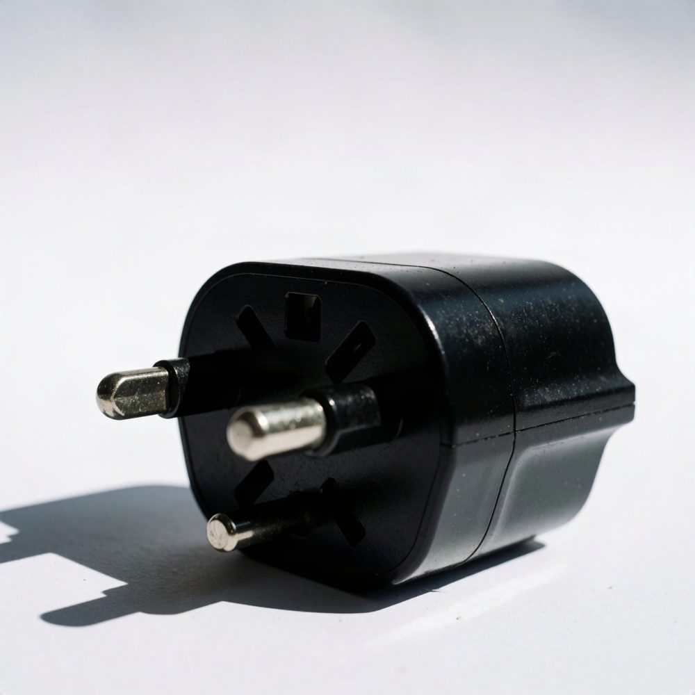 Adaptador de tomada preto com pinos metálicos para viagens