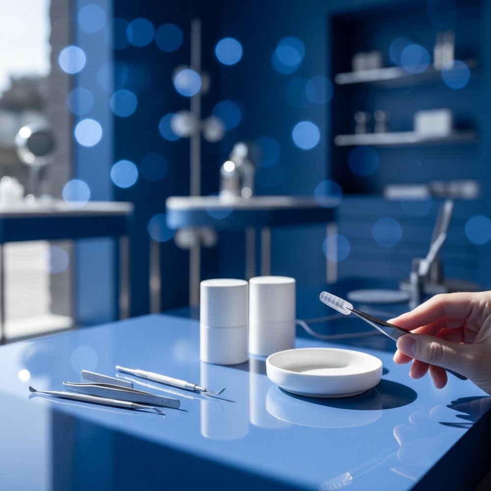 Mesa azul com ferramentas profissionais para tratamento de unhas e mão segurando instrumento