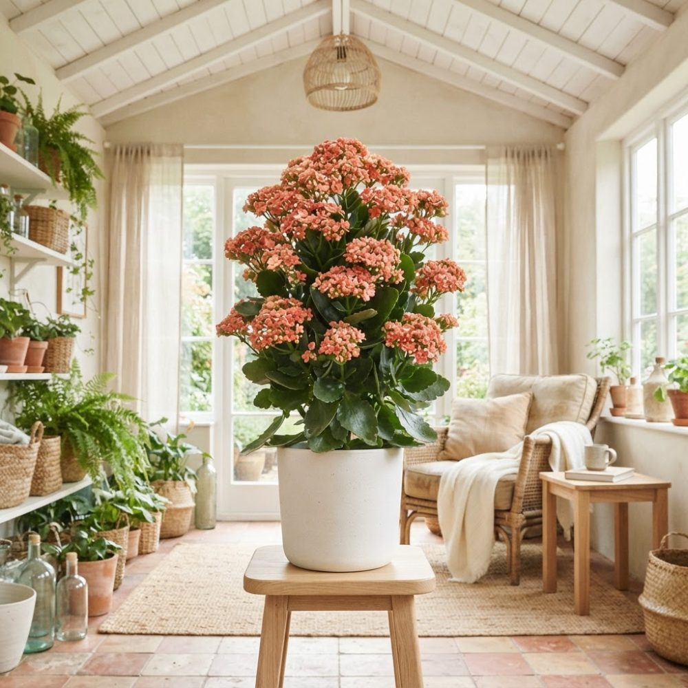 Planta Kalanchoe com flores cor de coral num vaso branco numa sala luminosa com móveis de madeira