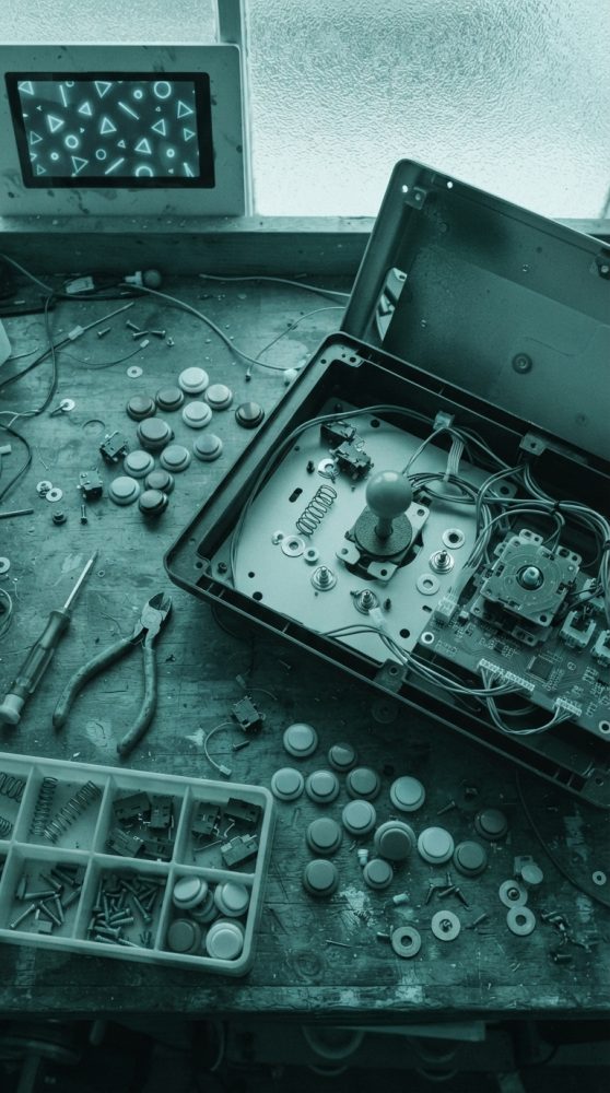 Mesa com comando arcade desmontado, botões e ferramentas eletrónicas para reparação de gaming