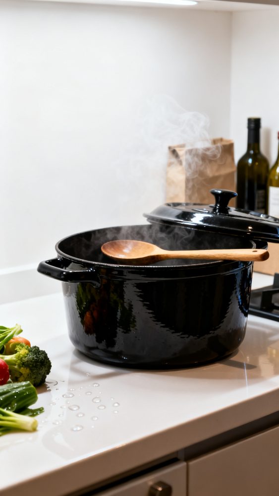 Panela preta de ferro fundido a cozinhar com vapor e colher de madeira sobre bancada branca