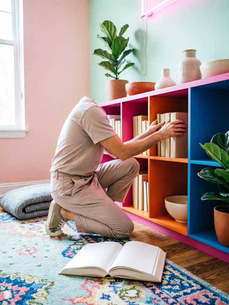 Pessoa ajoelhada a organizar livros numa estante colorida com plantas e decoração