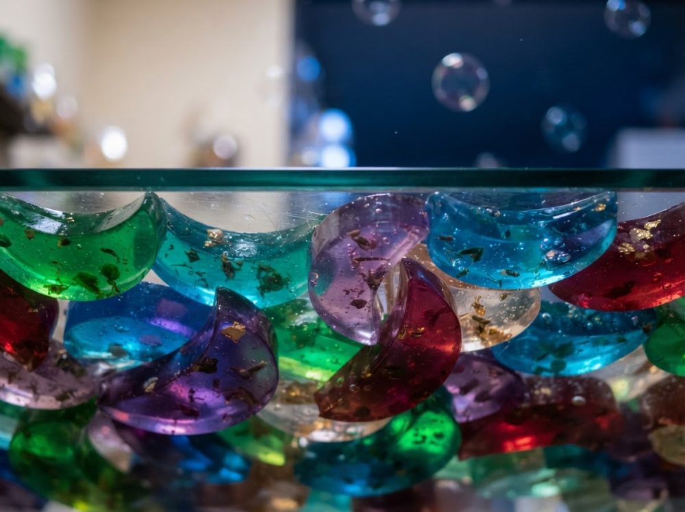 Sabonetes coloridos semi-circulares translúcidos com partículas douradas sob vidro