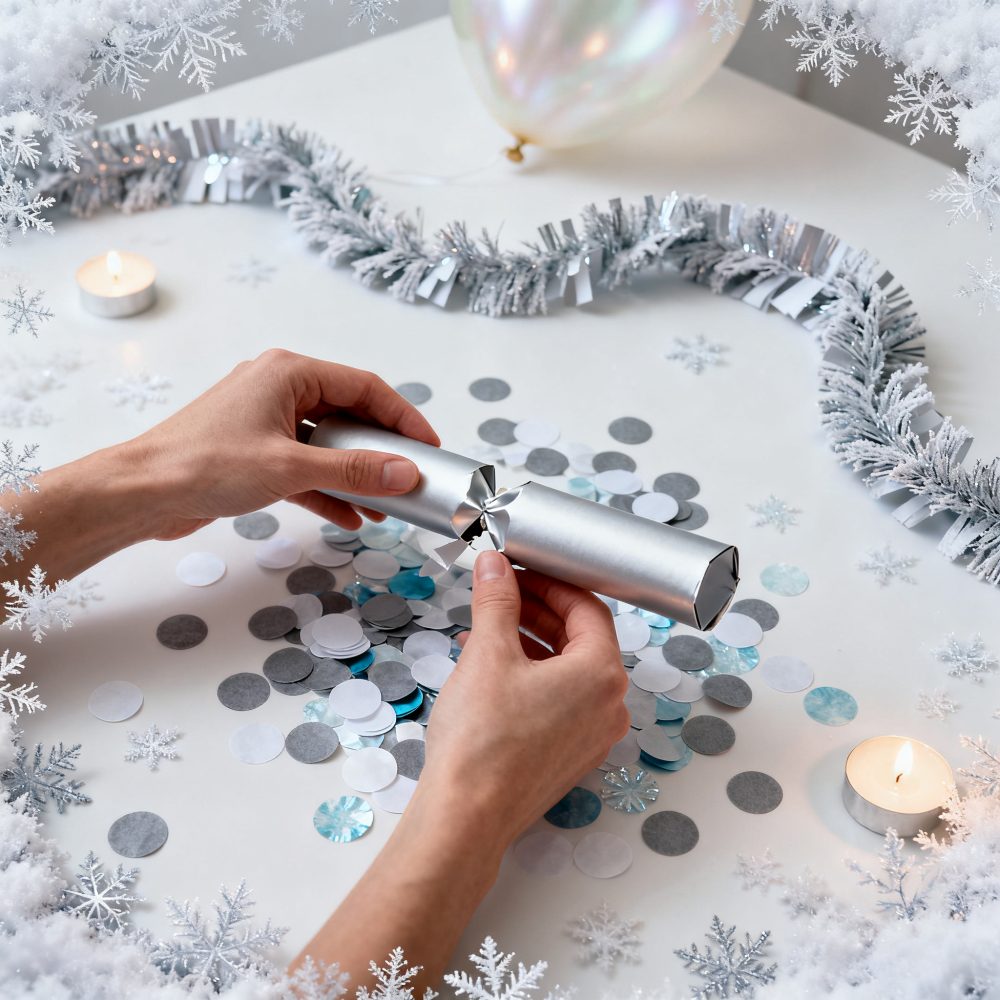 Mãos com estalador prateado, velas acesas e confetis com decoração de inverno