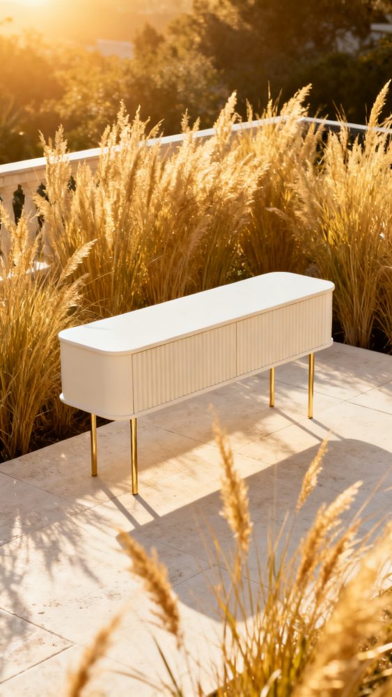 Móvel branco com pés dourados numa varanda ao pôr do sol rodeado por plantas decorativas secas