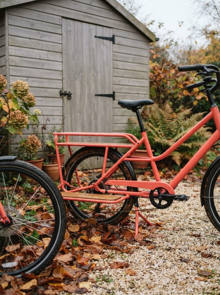 Bicicleta de carga coral em jardim com folhas secas e casotinho de madeira cinzento