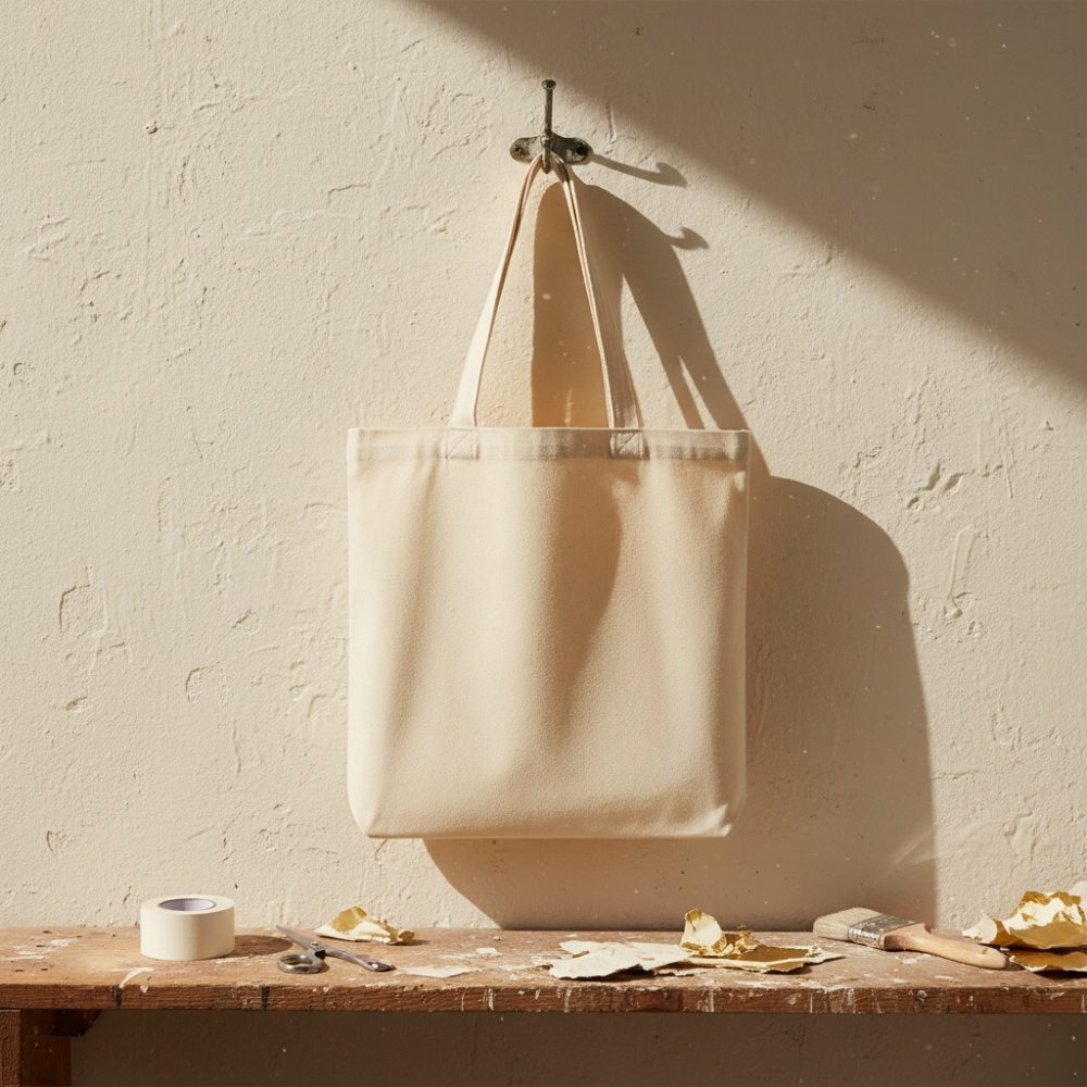 Saco tote de tecido cru pendurado numa parede texturada junto a ferramentas de pintura