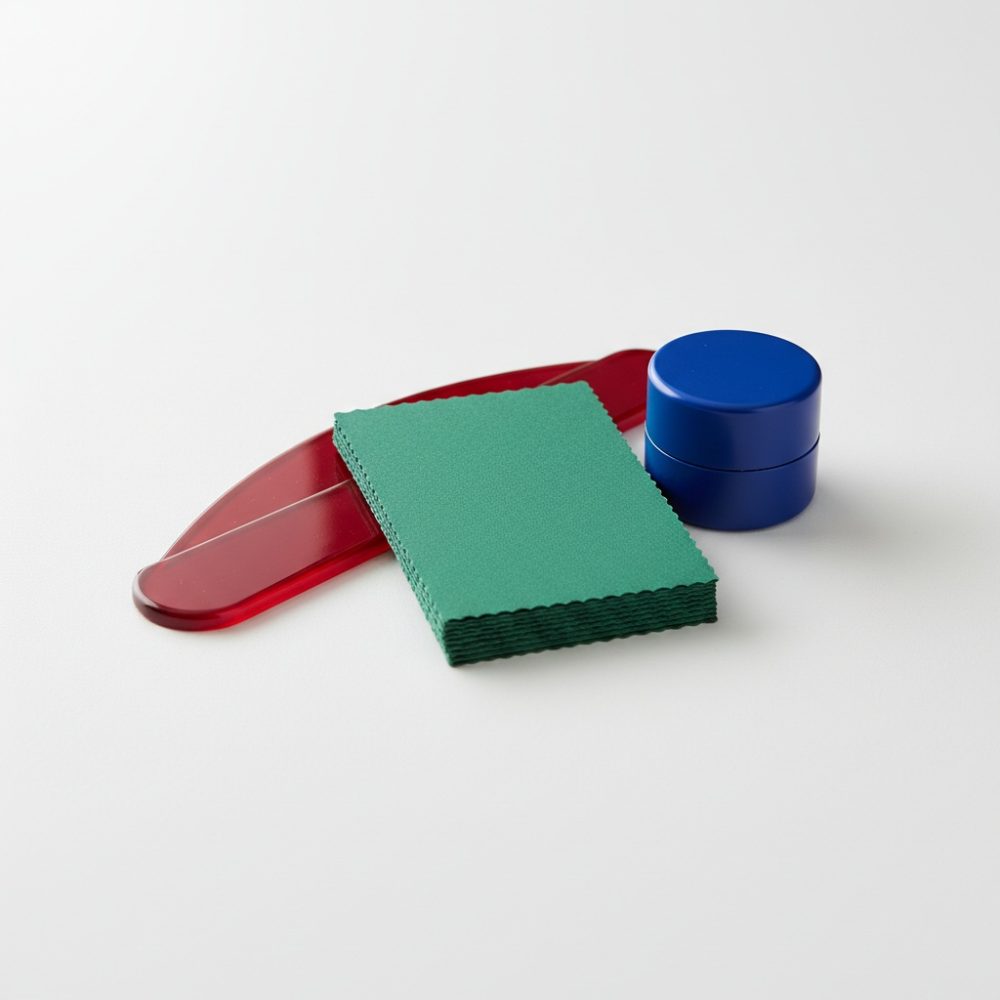 Conjunto com pano verde, estojo azul e espátula vermelha para limpeza sobre fundo branco
