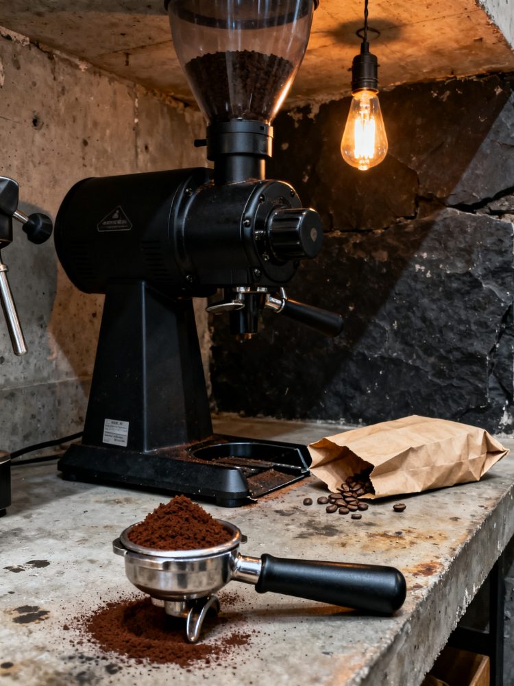 Moinho de café preto com porta-filtro cheio de café moído e saco de papel com grãos ao lado numa bancada rústica