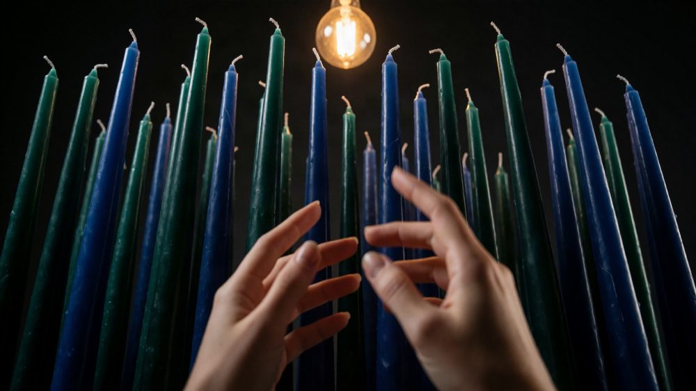 Mãos a alcançar várias velas finas verdes e azuis em fundo escuro com luz amarela