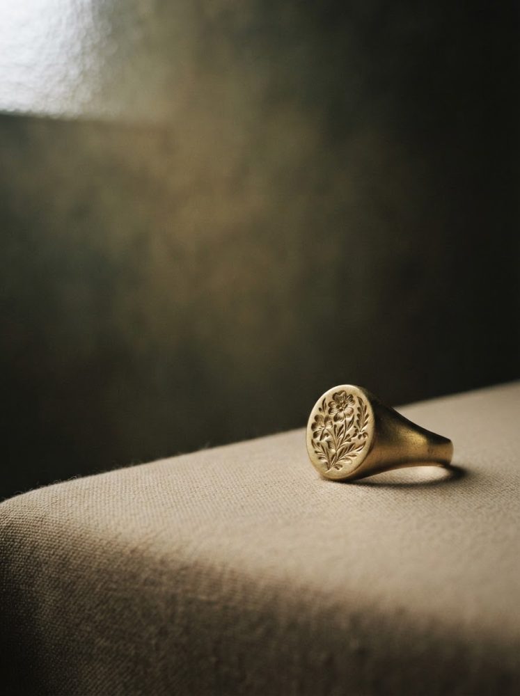 Anel dourado com gravação floral sobre tecido bege num fundo escuro difuso