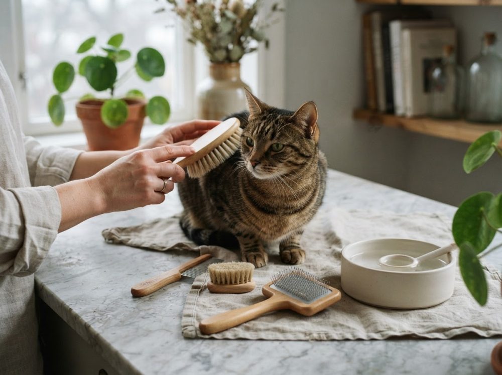 Gato tigrado sentado numa mesa com escovas e sendo escovado por pessoa
