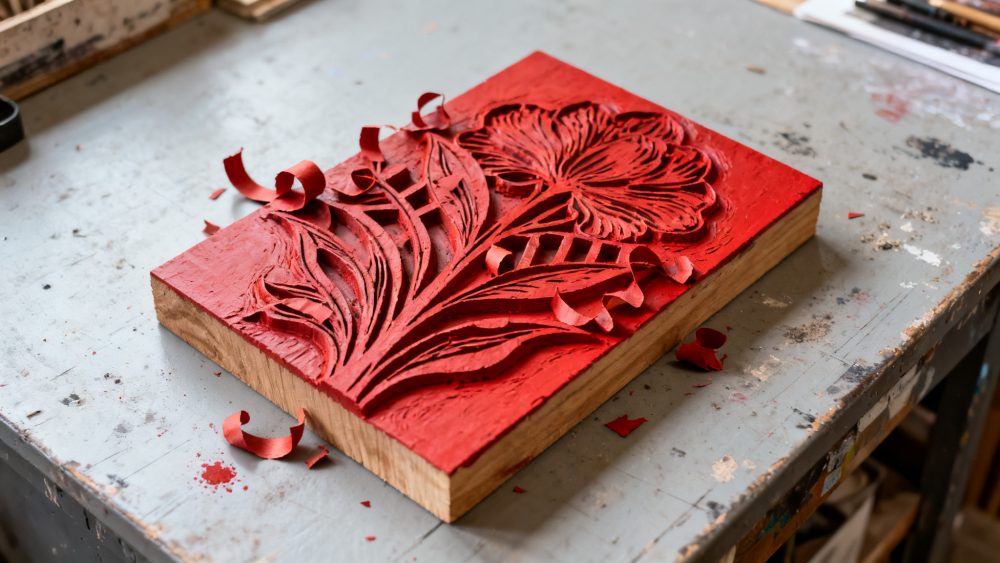 Bloco de madeira vermelho esculpido com padrão floral em relevo sobre mesa de trabalho suja