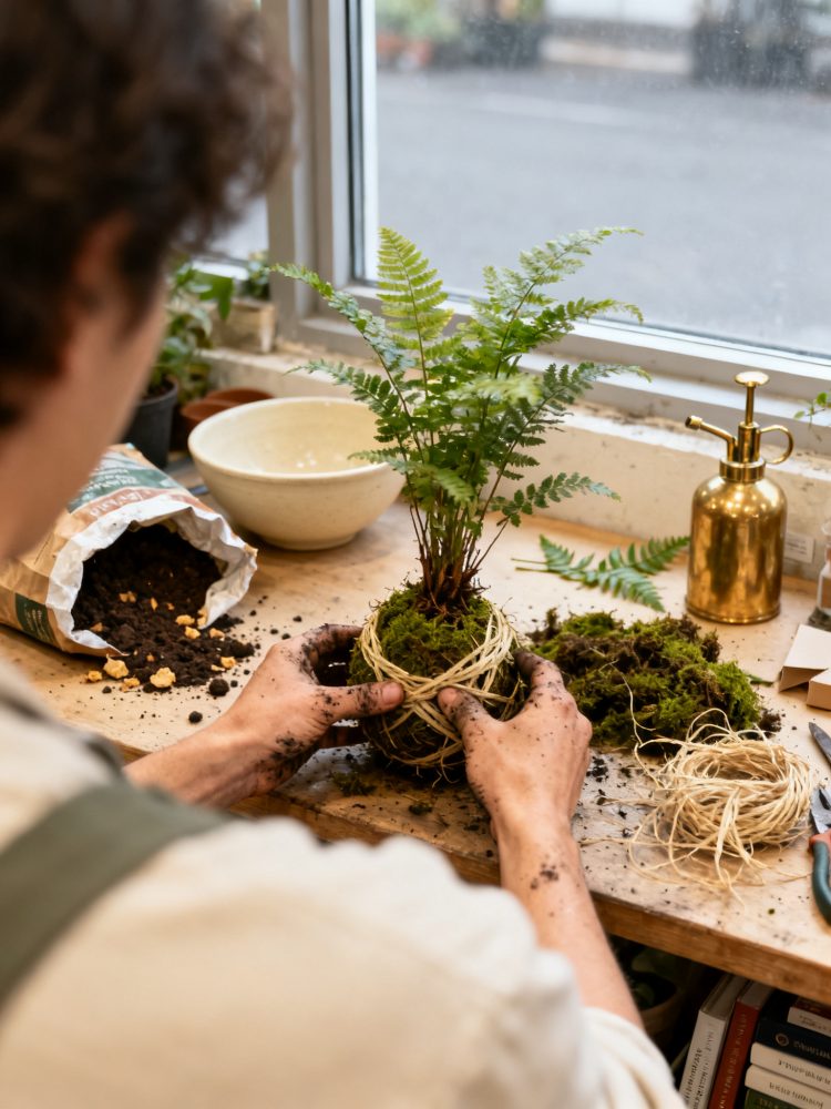 Pessoa a fazer planta kokedama com musgo e corda numa bancada de trabalho junto à janela com terra e ferramentas