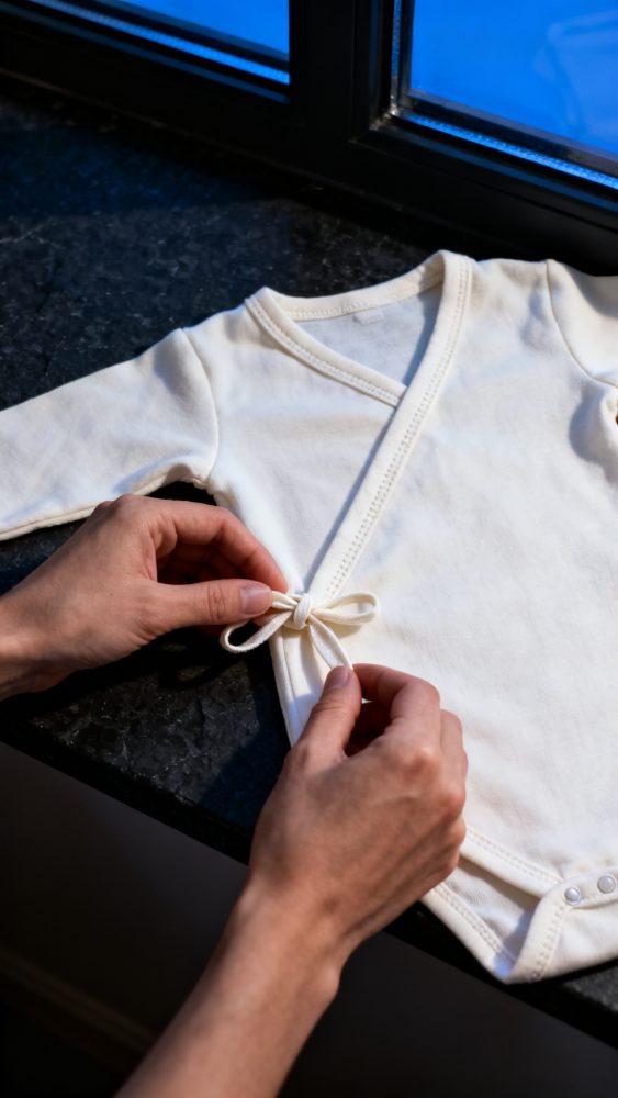 Body branco de manga comprida para bebé com fecho lateral de fita, sobre superfície escura junto a janela