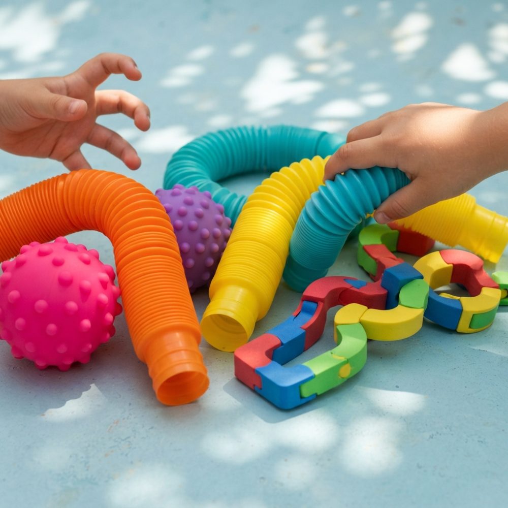 Mãos infantis a brincar com bolas coloridas, tubos flexíveis e peças de encaixe em superfície azul clara