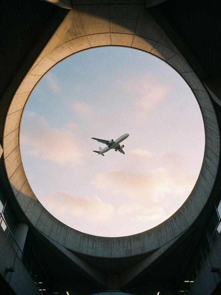 Avião a voar visto através de uma abertura circular de betão contra céu azul com nuvens