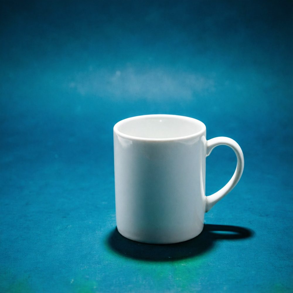 Caneca branca simples sobre fundo azul com sombra lateral