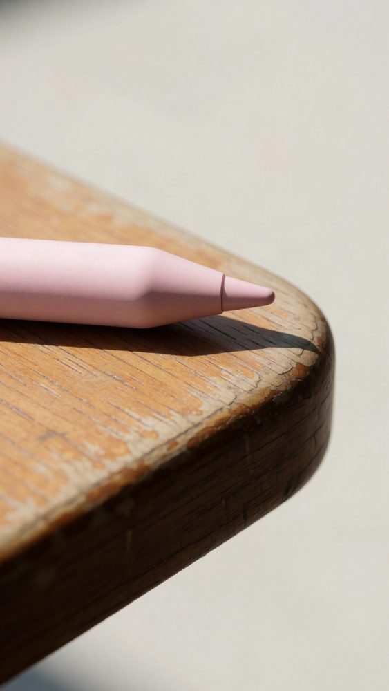 Caneta digital rosa repousa na borda de mesa de madeira envelhecida sob luz natural