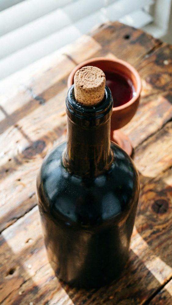 Garrafa de vinho tinto com rolha sobre mesa de madeira rústica e copo de vinho ao fundo
