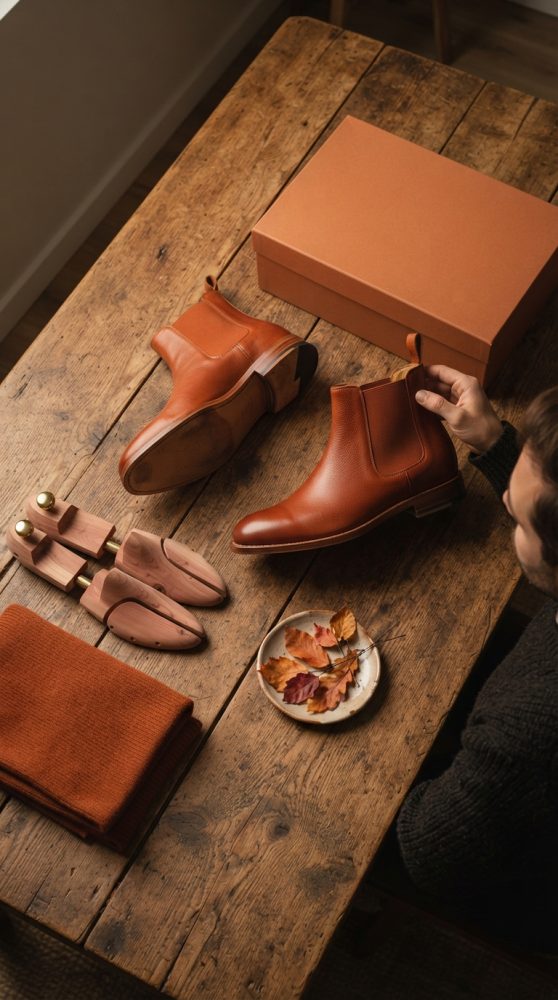 Botas Chelsea castanhas em pele com sola clara sobre mesa de madeira, caixa, espaçadores e folhas secas