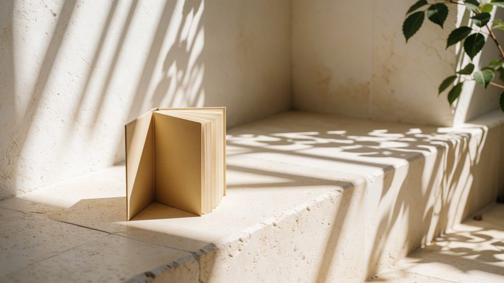 Livro aberto com páginas beje sobre bancada de pedra clara com sombras de plantas ao sol