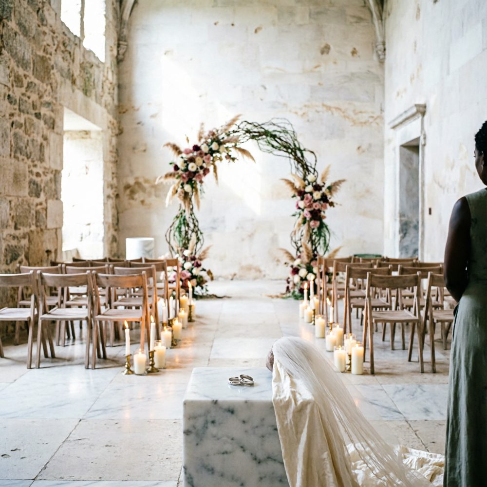 Cerimónia de casamento rústica com arco floral, velas no corredor e cadeiras de madeira