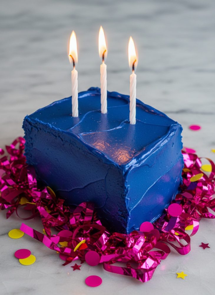 Bolo azul quadrado com três velas acesas rodeado de fitas rosa e confetes coloridos sobre mesa clara