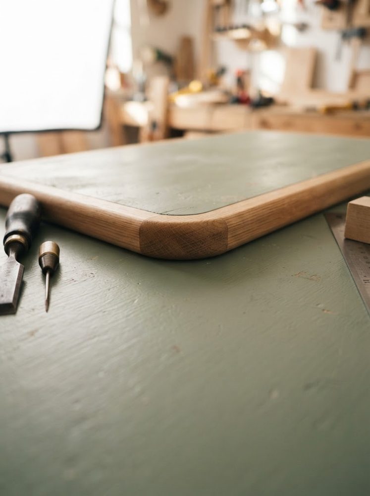 Mesa de trabalho verde com ferramentas de carpintaria numa oficina em segundo plano
