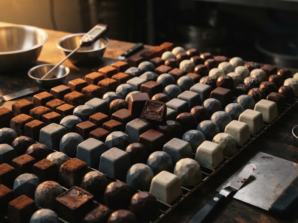 Bombons artesanais variados organizados em grelha sobre bancada de madeira com utensílios de cozinha ao fundo