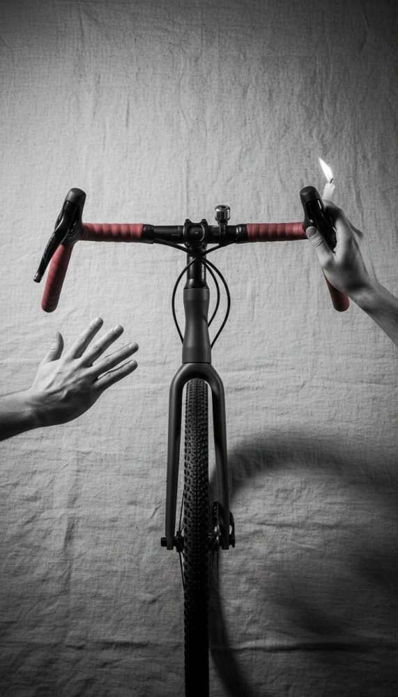 Vista frontal de guidão de bicicleta com punhos vermelhos e mãos próximo, uma segurando isqueiro aceso