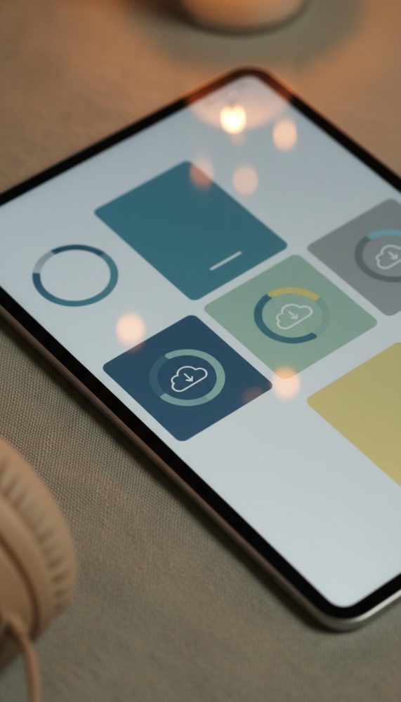 Tablet com ícones de download digital em ecrã, sobre superfície têxtil, com auscultadores ao lado