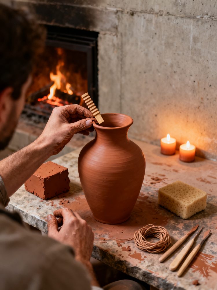 Pessoa decorando vaso de barro junto a lareira com velas acesas e ferramentas de cerâmica