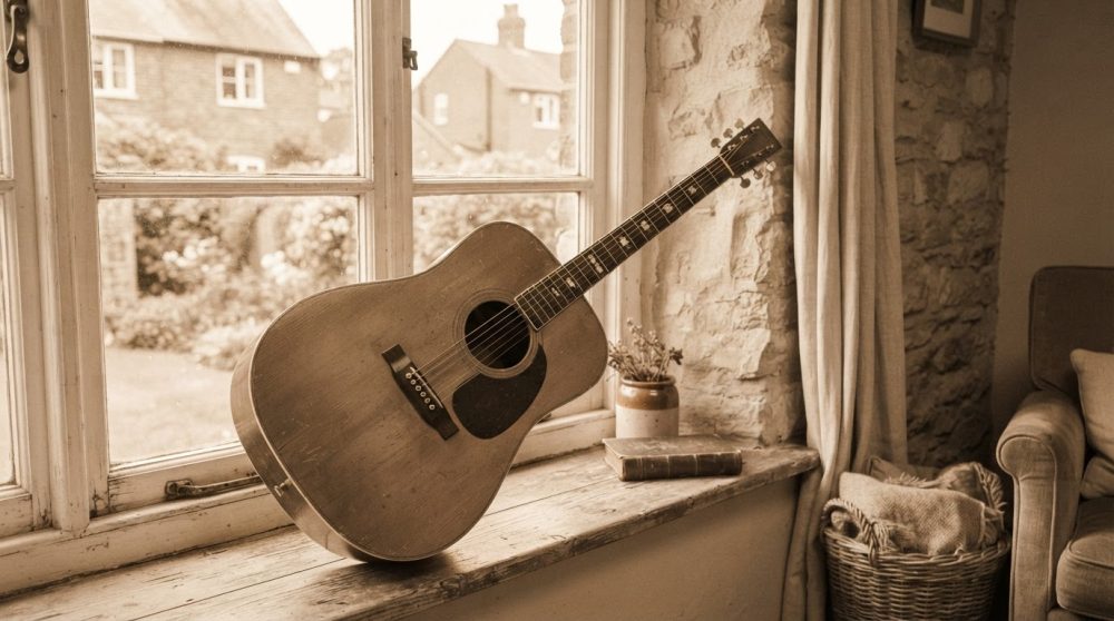 Guitarra acústica sobre peitoril de janela com luz natural num ambiente rústico e acolhedor