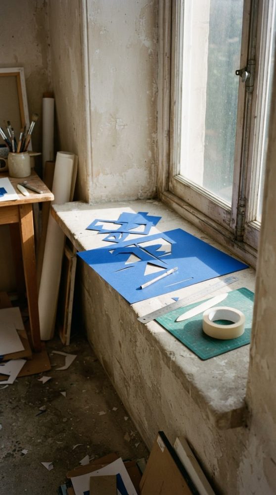 Mesa junto a janela com papel azul cortado, régua, fita adesiva e pincéis em ambiente rústico de estúdio artístico