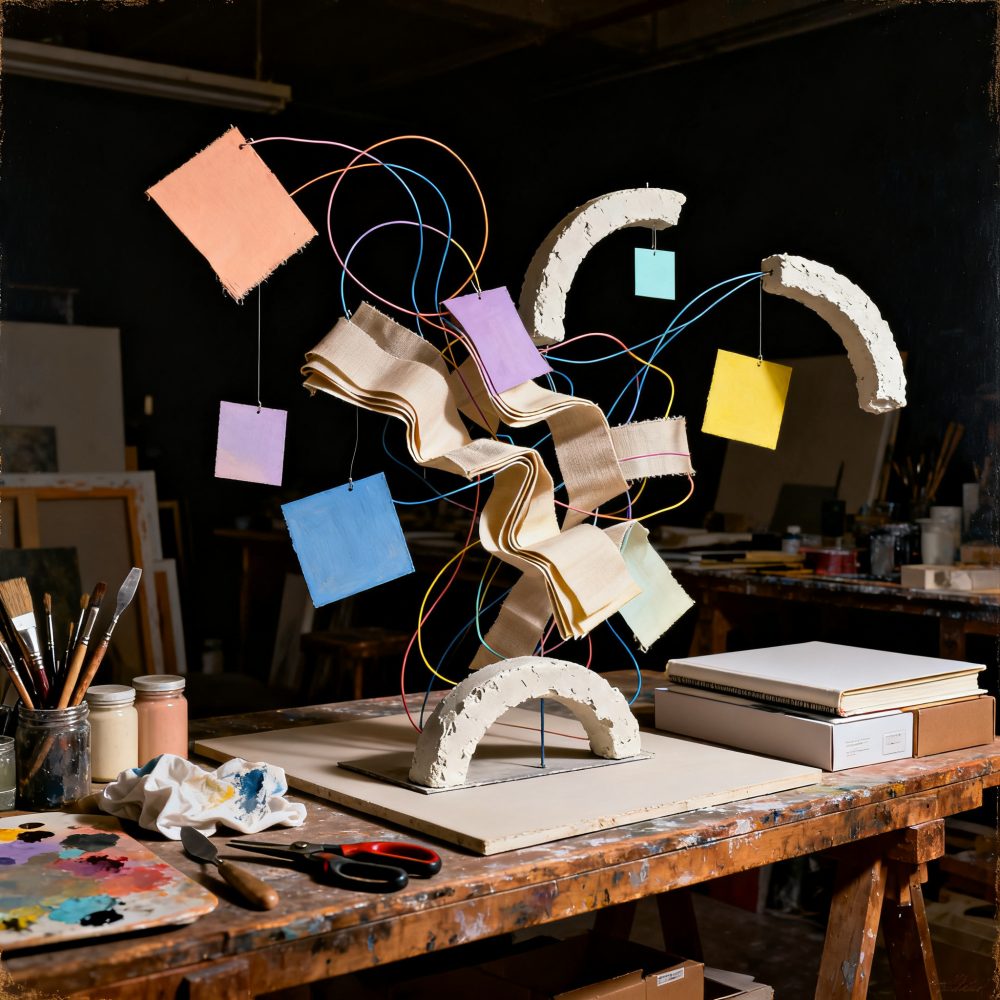 Escultura abstrata com formas geométricas coloridas e fios num estúdio de arte com mesa e materiais