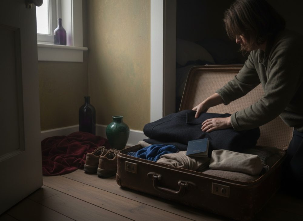 Pessoa a fazer a mala numa mala antiga com roupas e passaporte num quarto iluminado suavemente