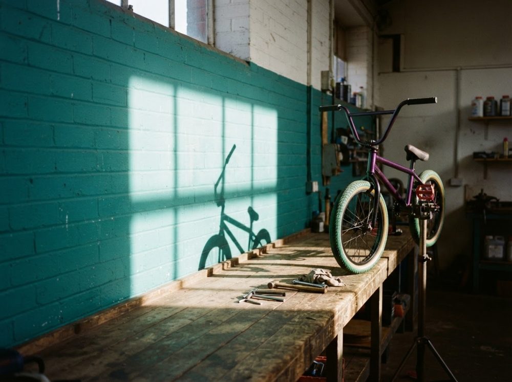 Bicicleta BMX roxa com pneus verdes numa bancada de oficina com sombra projetada na parede azul