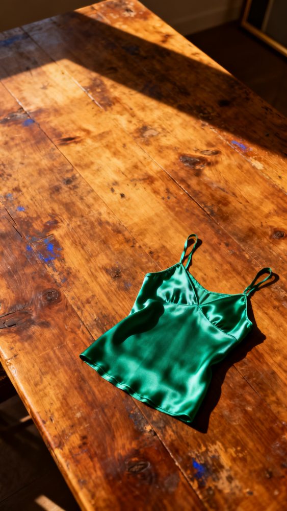 Top de lingerie verde em cetim colocado sobre mesa de madeira rústica com luz natural