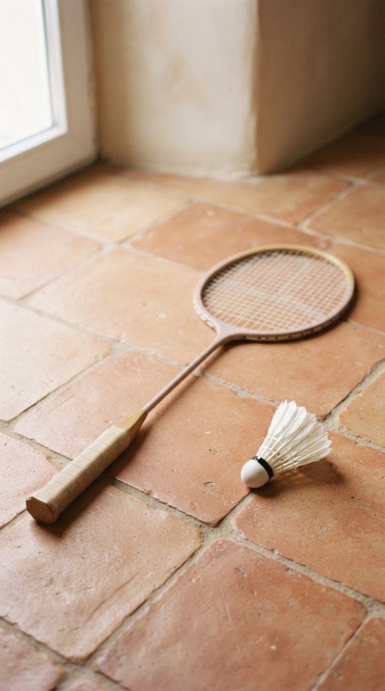 Raquete de badminton e volante branco sobre chão de azulejos castanhos