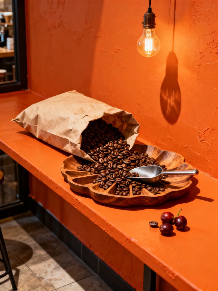 Grãos de café torrados em prato de madeira com colher e bolsa de papel sobre bancada laranja