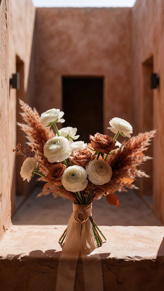 Bouquet de casamento com rosas castanhas, flores brancas e plumas decorativas