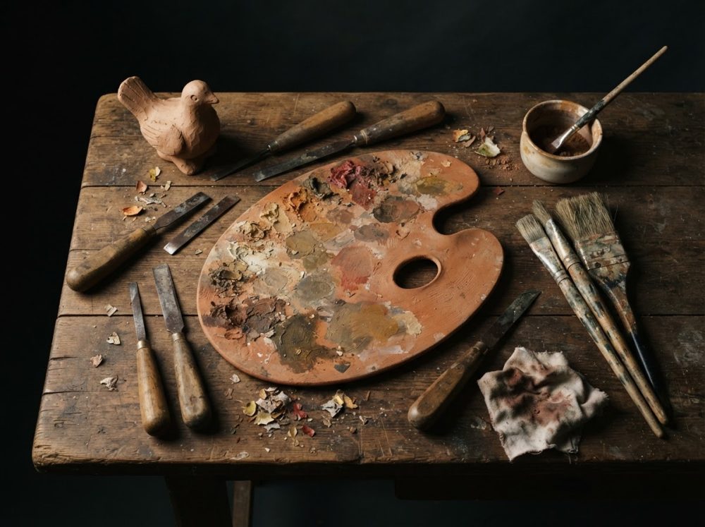 Paleta de pintura com tintas secas, pincéis, formões e escultura de pássaro numa mesa de madeira antiga