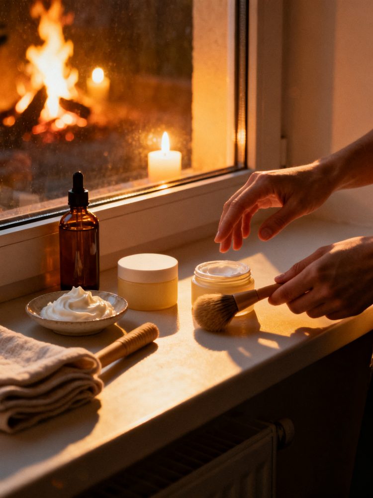 Produtos de beleza no parapeito de janela com lareira acesa e vela, mãos aplicando creme com pincel