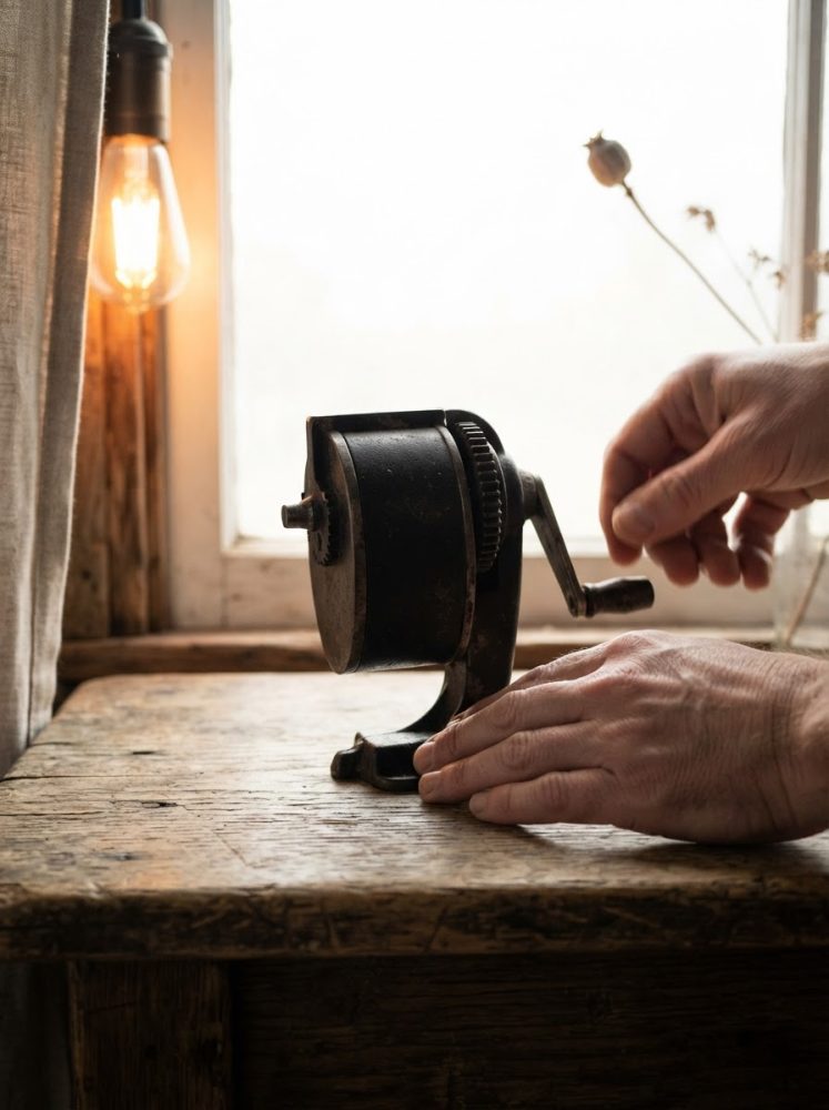 Apontador manual preto vintage numa mesa de madeira rústica com mãos a rodar a manivela perto de uma janela iluminada
