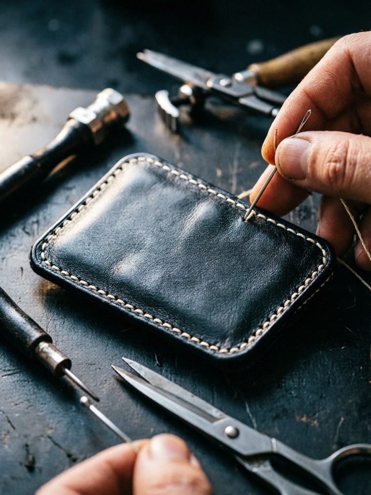 Mãos a coser manualmente carteira de couro preto com ferramentas de artesanato ao redor
