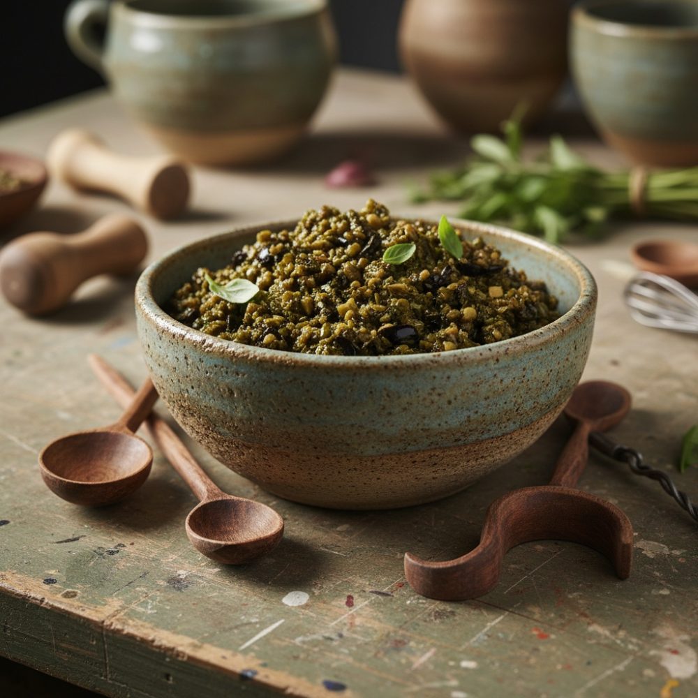 Taça cerâmica com pesto verde e folhas de manjericão, com colheres de madeira numa mesa rústica